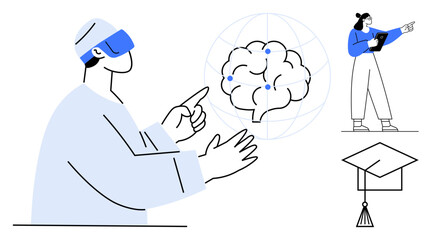 Person using VR headset interacting with digital brain representation, standing woman instructing on tablet, graduation cap symbolizing achievement. Ideal for education, technology, AI, training