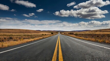 Naklejka premium Scenic Route Through Open Landscape Under Cloudy Skies on a Sunny Day
