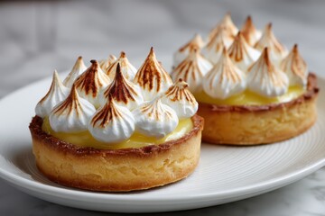 Zitronentarte Baiser T&ouml;rtchen Lemon Meringue Pie Dessert franz&ouml;sisches Geb&auml;ck Tarte au Citron S&uuml;&szlig;speise feines Geb&auml;ck Zitronencreme Mini Tarte Konditorhandwerk Foodfotografie Patisserie Kunst