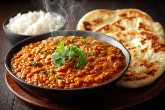 Linsen Dal Curry mit Reis indisches Essen vegetarisch Linsengericht exotisch gew&uuml;rzt orientalisches Gericht Dampfwolken Naan Brot Veggie Bowl scharfes Curry Soulfood Foodfotografie Hausmannskost