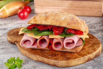 Ciabatta with mortadella, tomato, cheese and spinach