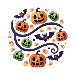 Halloween night of smiling pumpkins and bats with spooky candy corn around on transparent background