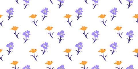 Simple white seamless pattern with violet and orange flowers. Floral summer background.