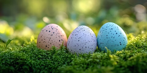 Colorful speckled eggs resting on vibrant green moss in a tranquil forest setting during springtime