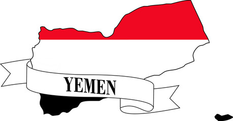 The map of Yemen overlaid with the Yemeni flag and its name written on a ribbon