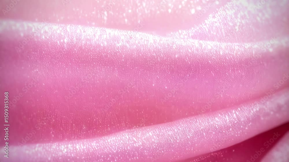 Poster Abstract animation of a delicate pink fabric with a glossy, shimmering surface. Soft folds create smooth waves and shimmering dots give the image a magical effect. A romantic and dreamy style
