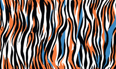 Leopard fur, animal skin texture background. Seamless design vector abstract pattern featuring a zebra print design with black and white stripes accented by orange, blue, and black colors.