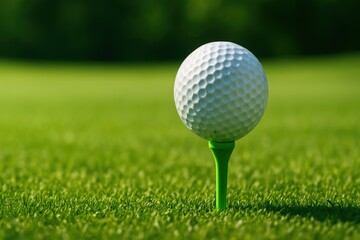 Obraz premium Golf ball on tee ready for a perfect shot on sunny green course