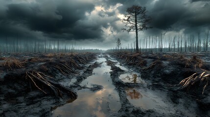 Evocative depiction of a desolate water channel where a muddy path mirrors a brooding cloudy sky, complemented by gnarled roots and a slender wire framework outlining the watercourse
