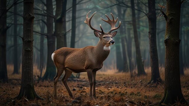 Majestic stag in a misty forest