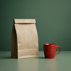 Kraft paper bag mockup stands near a red mug