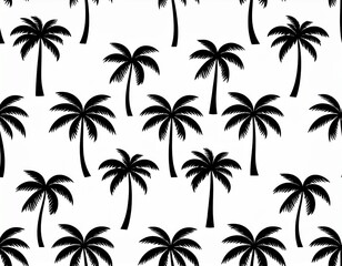Obraz premium Wallpaper, background with black palm trees on white background. Vector graphic, illustration, pattern