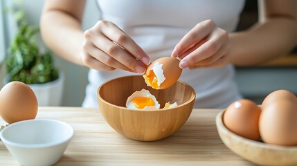 Woman peeling a soft boiled egg into a wooden bowl preparing a healthy breakfast in a bright kitchen setting with several eggs.