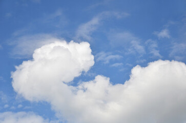 Bright blue sky landscape in sunny weather with white fluffy clouds below . Beautiful sky...