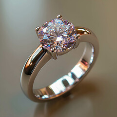 Sparkling engagement ring displays brilliant cut diamond on polished metal band with reflections capturing light beautifully in a softly lit setting