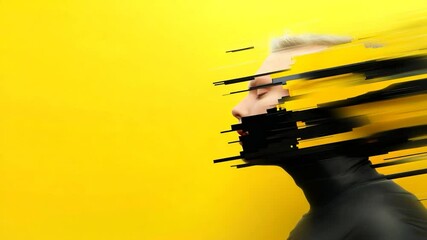 Abstract profile portrait with pixel distortion effect on bright yellow background - Powered by Adobe