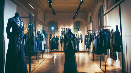 Elegant fashion display in a boutique showcasing a collection of evening gowns and dresses under soft lighting