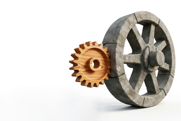 Obraz premium A wooden gear is connected to a stone wheel. Space for text.