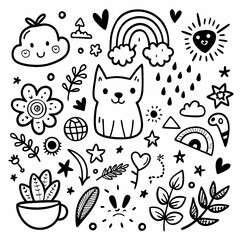 Whimsical Children’s Doodle Art – Marker Texture Black and White Vector