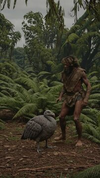 Homme pr&eacute;historique marchant pieds nus dans une jungle dense aux c&ocirc;t&eacute;s d&rsquo;un oiseau disparu

