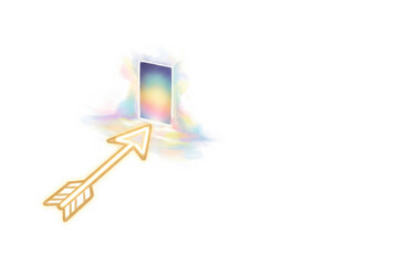 A golden arrow points to a door to another dimension. Space for text.