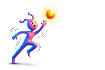 A bright cartoon character reaches for a shining ball. Space for text.