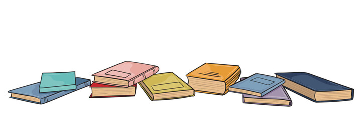 Banner of books for study or reading drawn by hand with black outline. Vector isolated images for banner design, educational programs, knowledge day, September 1 and back to school.