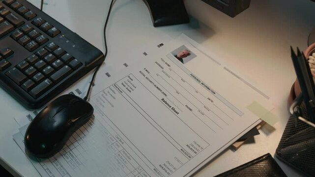 No people top view of personal information sheet on social engineering target victim on desk at scam call center, with photo, identification details and balance of money transferred from bank account