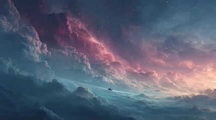 Fototapeta premium Ethereal Journey A Solitary Boat Navigating Through Celestial Clouds and Starlit Skies