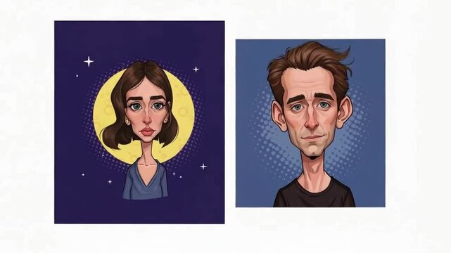 Funny cartoon faces of male and female characters reacting expressively against colorful animated background