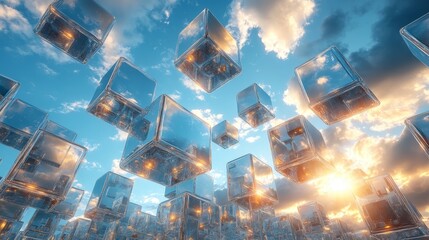 An imaginative art piece with mirrored cubes floating mid-air.