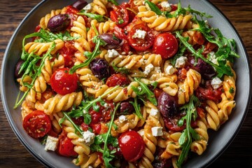 Nudelsalat Mediterran Pasta Salat mit Rucola Oliven Feta Tomaten Sommergericht Kalte Pasta Antipasti Salat Bunte Nudelvariation Leichter Sommersalat Grillbeilage Mediterraner Pastasalat Rezept