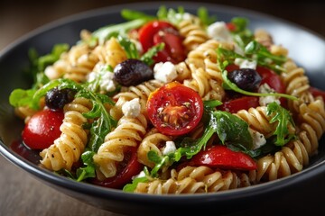 Nudelsalat Mediterran Pasta Salat mit Rucola Oliven Feta Tomaten Sommergericht Kalte Pasta Antipasti Salat Bunte Nudelvariation Leichter Sommersalat Grillbeilage Mediterraner Pastasalat Rezept