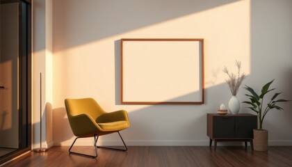 Sun-Drenched Interior Scene Featuring Modern Furnishings and Blank Frame Artwork for Customizable Display