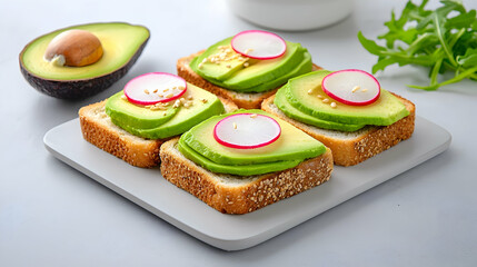 Four Avocado Toasts with Radishes and Sesame Seeds on a Gray Plate