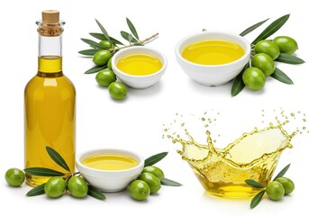 Olive oil bottle and bowls with splashing oil isolated on white background