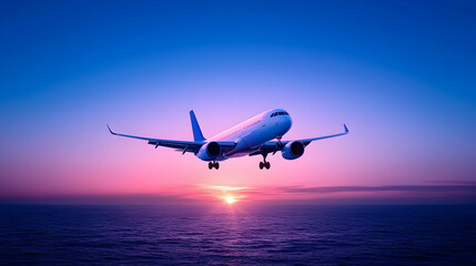 Obraz premium Airplane Landing Over Ocean at Sunset