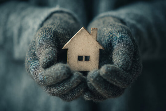Hands holding a small wooden house symbolizing home and warmth in a cozy atmosphere during winter season