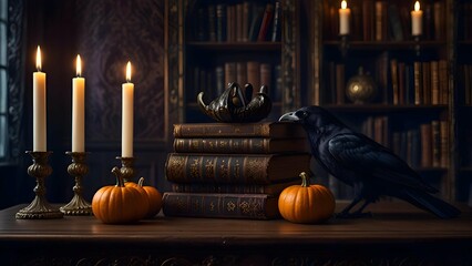 Gothic-themed Halloween still life with a dark purple pumpkin, ravens, and old spellbooks, softly illuminated by lanterns in an ornate baroque interior.