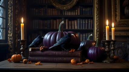 Gothic-themed Halloween still life with a dark purple pumpkin, ravens, and old spellbooks, softly illuminated by lanterns in an ornate baroque interior.