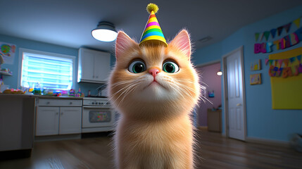 Fluffy Orange Kitten Wearing Party Hat in Kitchen Setting