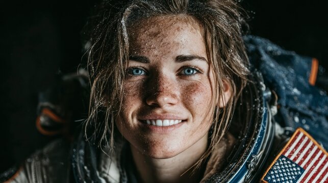 Closeup portrait of a woman with dust on her face and hair wearing a spacesuit - Powered by Adobe