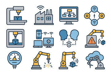 Smart factory automation icons with robots, sensors, and industrial technology