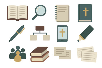Bible study tools - books, notebook, magnifying glass, and digital resources