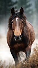 Obraz premium Majestic brown horse stands proudly against a misty background in a serene natural landscape
