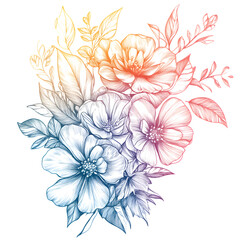elegant floral line art bouquet, soft gradient fill, transparent PNG