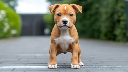 Adorable Brown and White American Staffordshire Terrier Puppy Sitting Outdoors