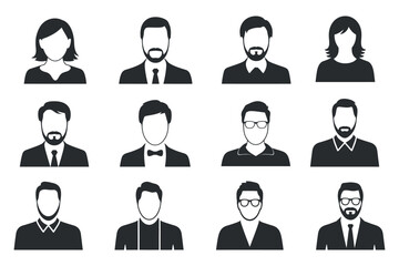 Set of Twelve Anonymous People Icons Including Men and Women in Business Attire and Casual Wear in Black and White Vector Illustration