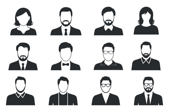 Set of Twelve Anonymous People Icons Including Men and Women in Business Attire and Casual Wear in Black and White Vector Illustration