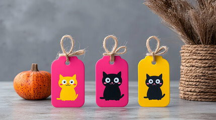Three Cute Pixel Cat Gift Tags with Pumpkin and Wheat